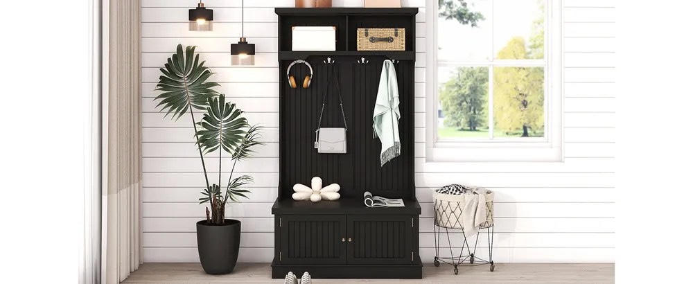 Hall Tree with Storage Shoe Bench, 4-in-1 Coat Racks, 4 Hooks, 35.51*18.3*64.4 inch, Black