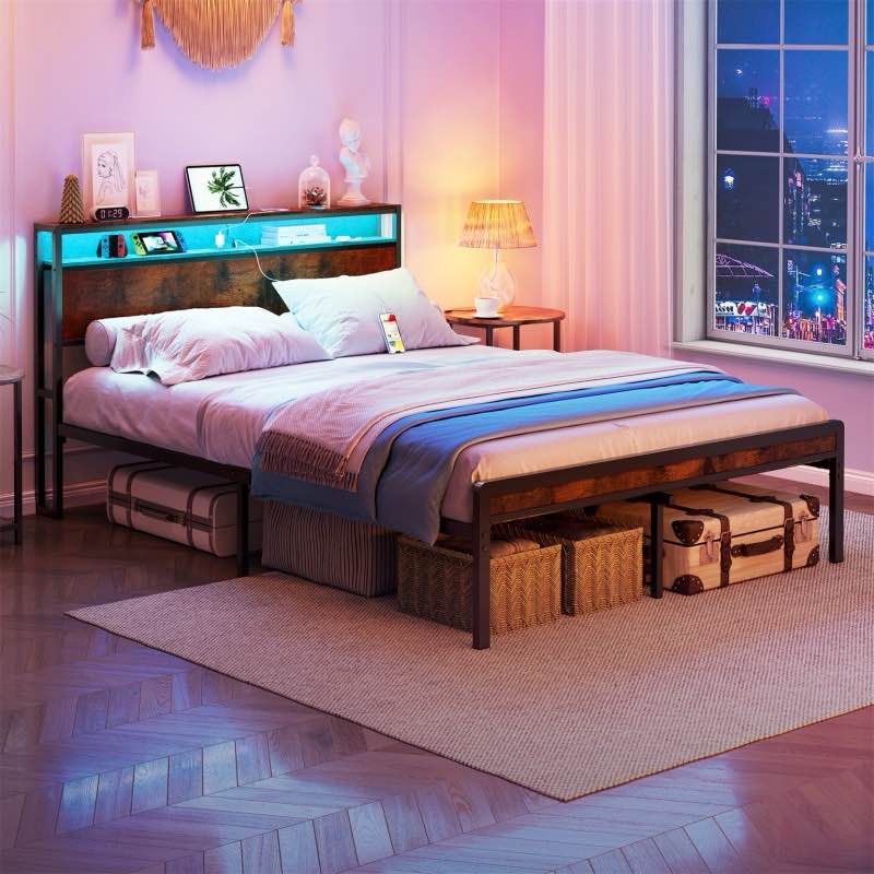 Full Size Metal Bed Frame with Headboard and Footboard, LED Lighting, Black Heavy Duty Mattress Foundation with Steel Slat Support, Noise 