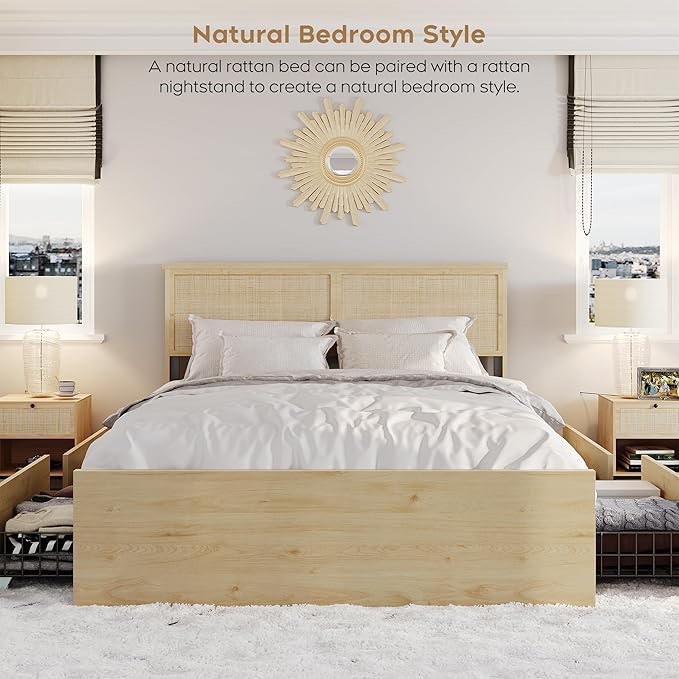Natural Rattan Queen Bed Frame with Wooden