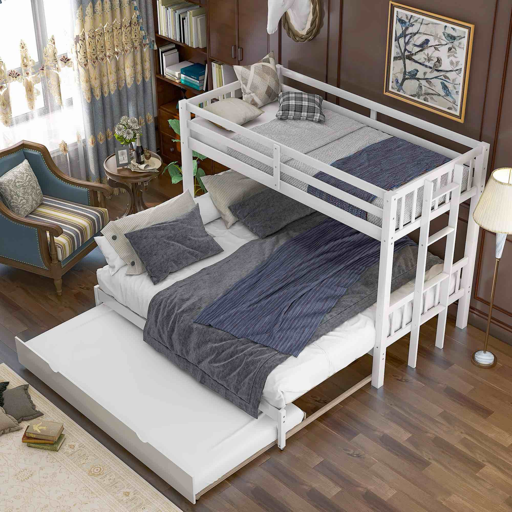 twin over double twin bunk bed with trundle, down bed can expanded from twin multi-functional bunk bed, wooden bunk bed with ladder and safety rail, white