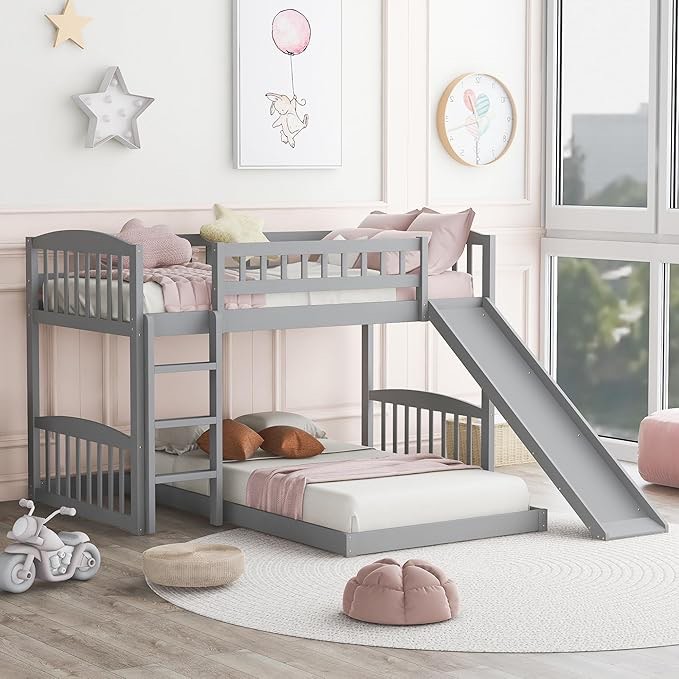 bunk bed with slide and ladder,wood bed with platform bed and guardrails for bedroom (grey