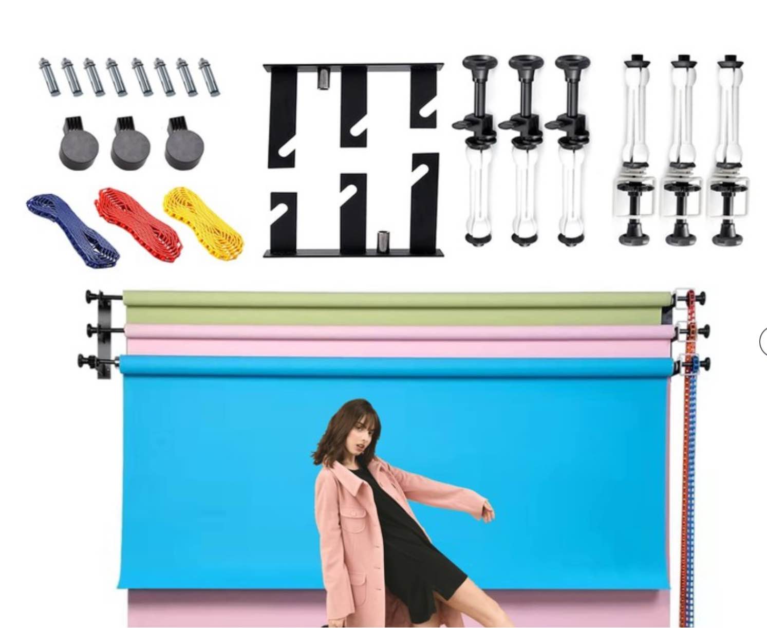 3 Roller Photography Backdrop Background Support Wall Mount Manual Pull Down System for Photo Studio with 6 Expand Bars + 3 Chains + 2 Tri-fold Hooks for Holding 3 Backdrops