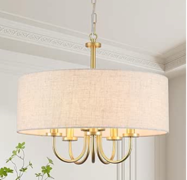 Drum Chandeliers for Dining Room, 5 Light White Drum Light Fixture Brass Round Chandelier with Linen Shades, 19" Fabric Pendant Light Gold Farmhouse Chandelier for Living Room Kitchen Bedroom Foyer
