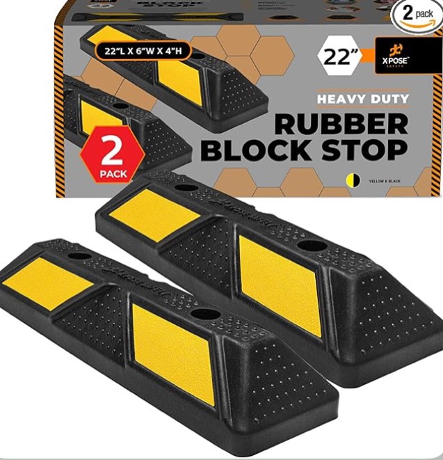 Xpose Safety 22" Heavy Duty Rubber Parking Stopper – 2 Pack Wheel Blocks for Garage, Driveway, or Ramp – Car Bumper Stop with Yellow Reflective Strips – Removable Floor Mount