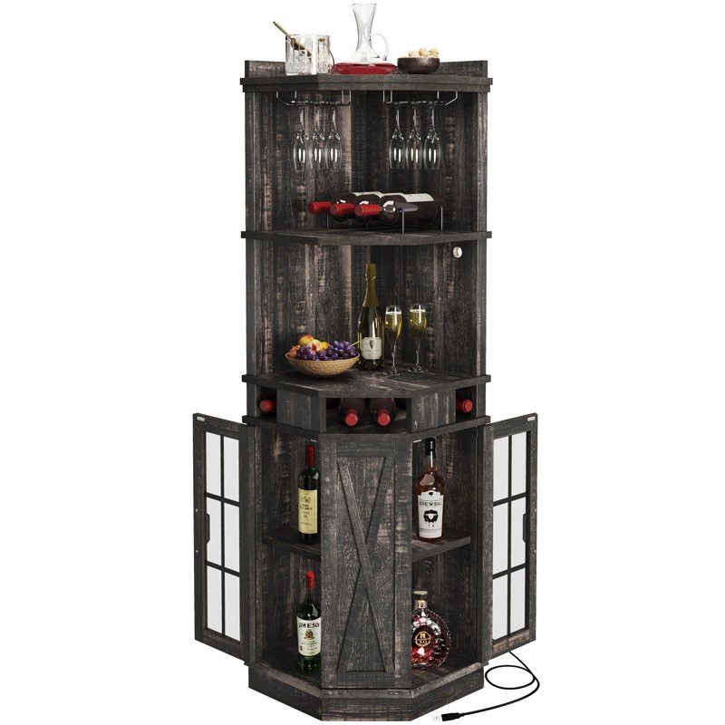 Nekol 72'' H Corner Bar Cabinet with LED Lights & Glass Door