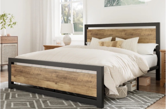 Marilee Wood and Black Metal Frame Bed with Headboard