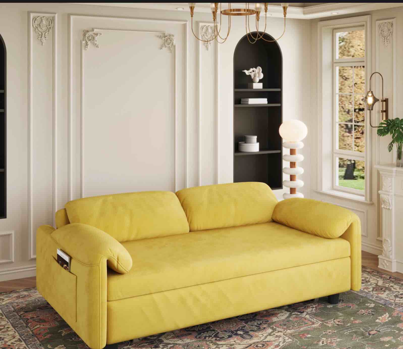 Dual - Purpose Velvet Sofa Bod: Elegant Yellow Sofa Transforms Into