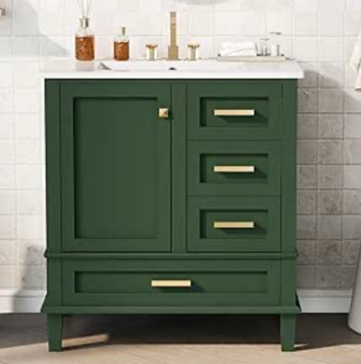 30 single Vanity With Ceramic Sink, Drawers And Soft-Close Cabinet Moss green