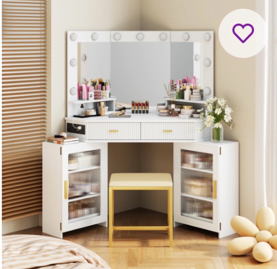 Modern Corner Makeup Vanity Set with Mirror and Cabinets