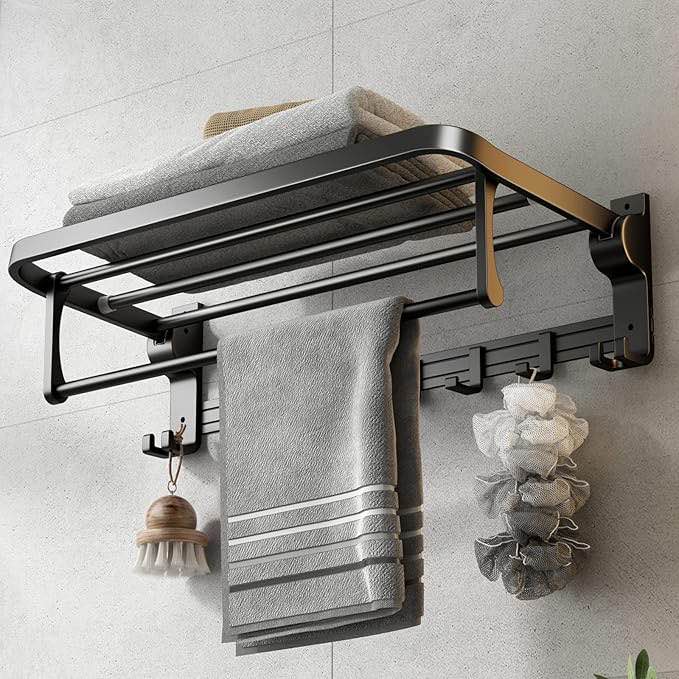 24-Inch Bathroom Towel Rack Wall Mounted,Bathroom Towel Shelf(Adhesive or Drilling),Foldable Towel H