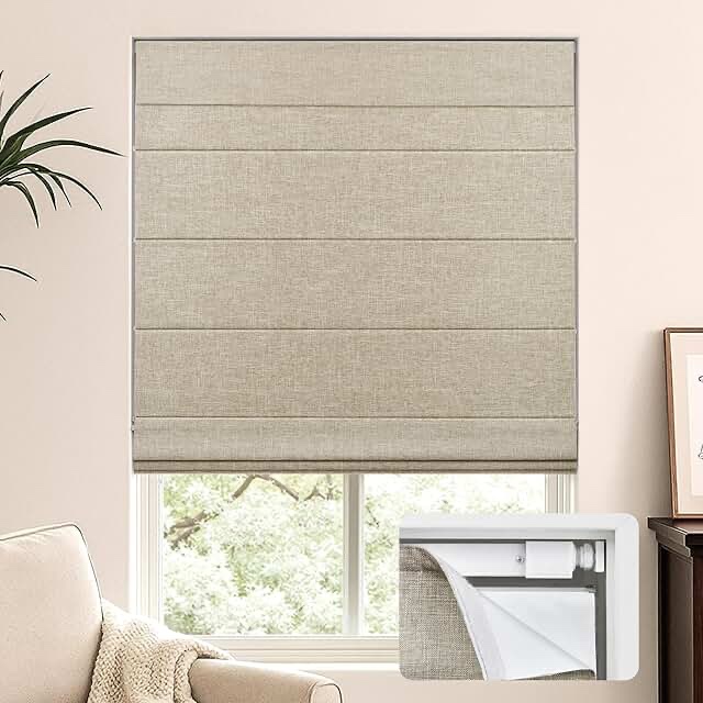 No drill cordless roll shades 35 inches wide by 60 inches height beige