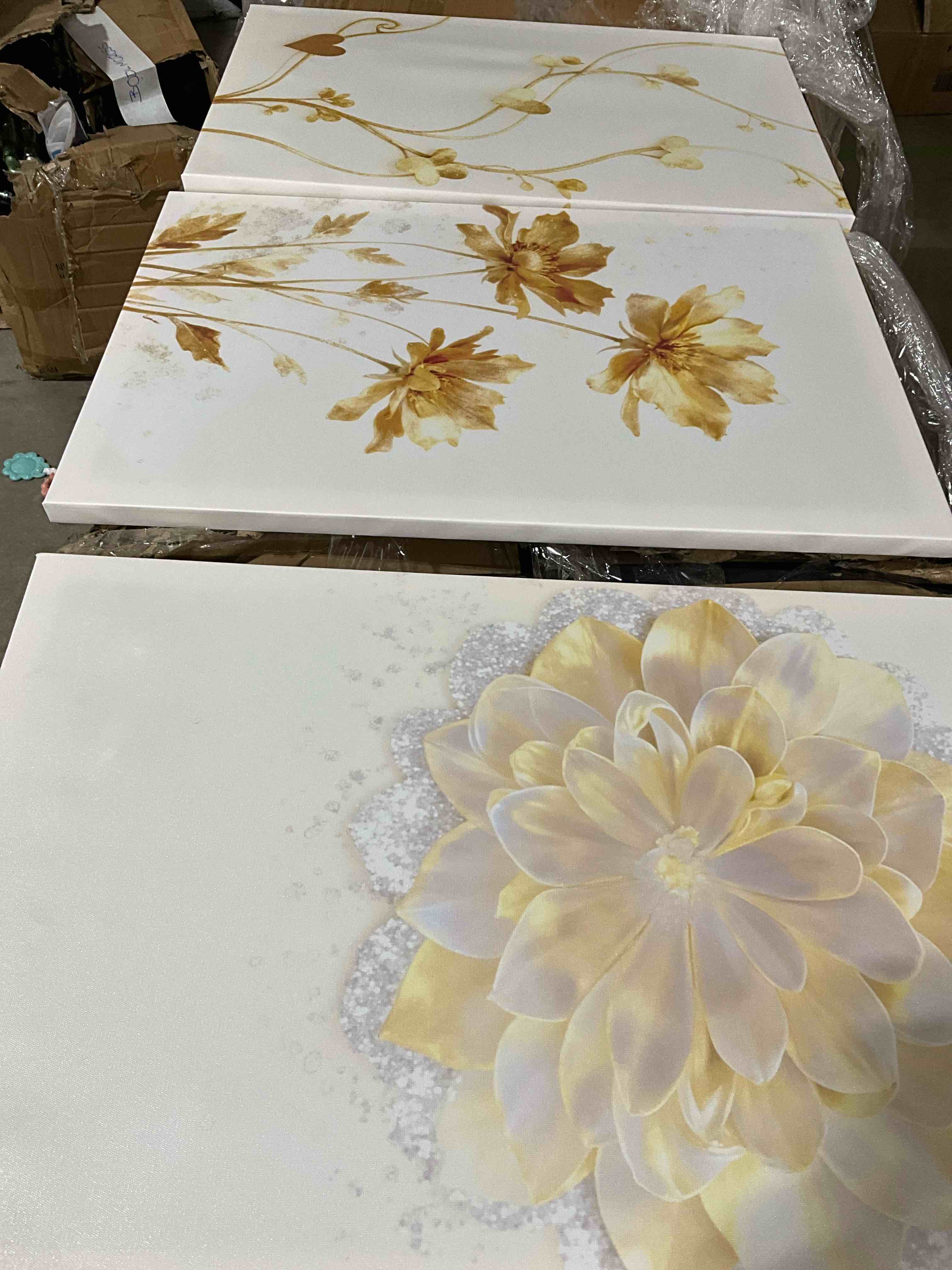 Golden Floral Pattern Canvas Wrapped Wall Art, Elegant Oil Painting 