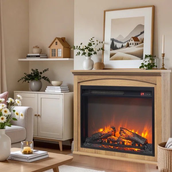 28" Electric Fireplace with Mantel, Freestanding Electric Fireplace 