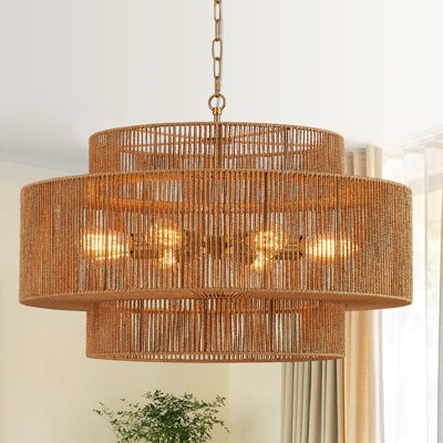 6 - light Boho Hand Woven Drum Rattan Chandelier