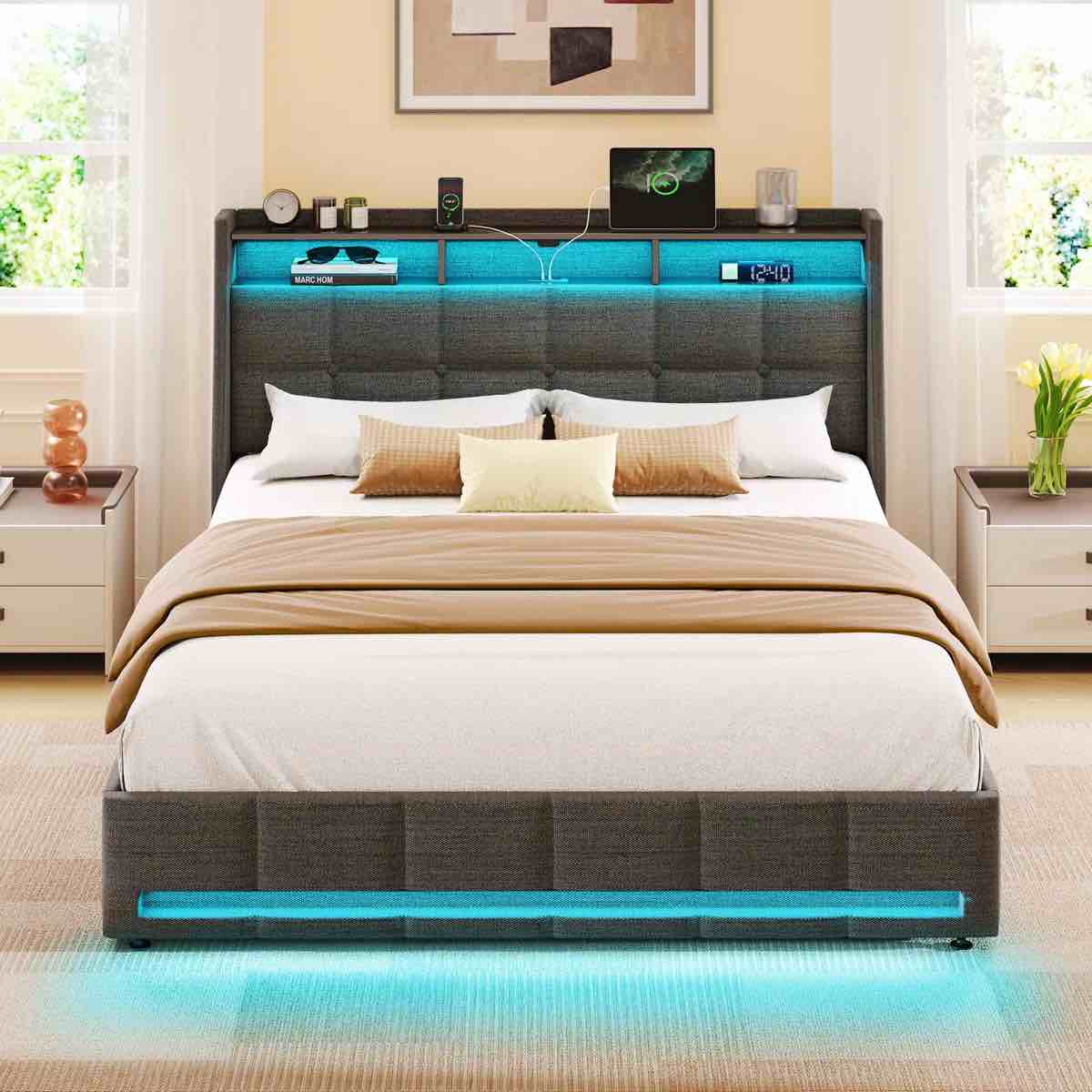 Upholstered Platform Bed Frame with Winglack Headboard, LED Light