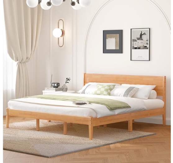 King Size Bed Frame and Headboard, Malaysian Oak King Bed Frame with Storage, Modern Platform Bed Frame with Headboard, No Box Spring Needed, Easy Assembly