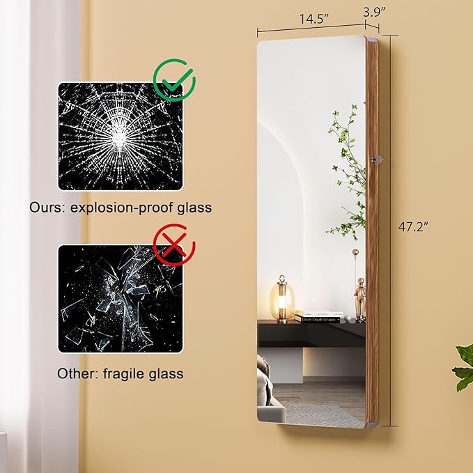47.2 inch Mirror Jewelry Cabinet  light brown 