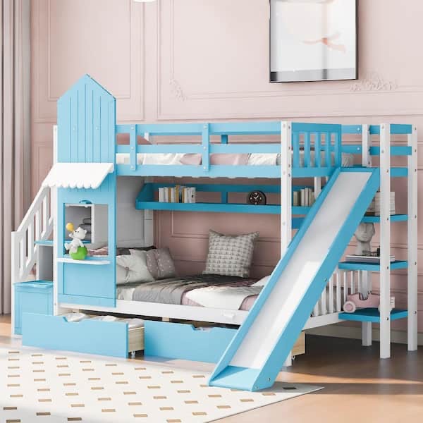 TWIN SIZE BUNK BED WITH SLIDE -WHITE + blue
