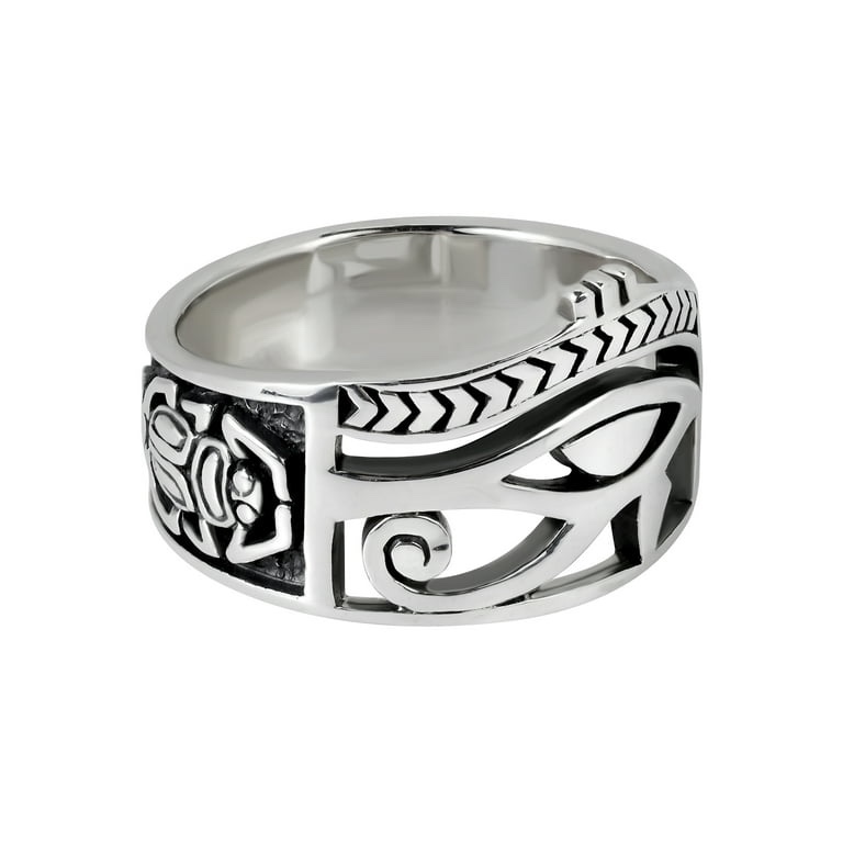 AeraVida Trendy Ancient Egyptian Heiroglyphs and Art Eye of Horus ANKH Cross Sterling Silver Ring Unique History Stylish Casual Wear Unisex Jewelry Gifts