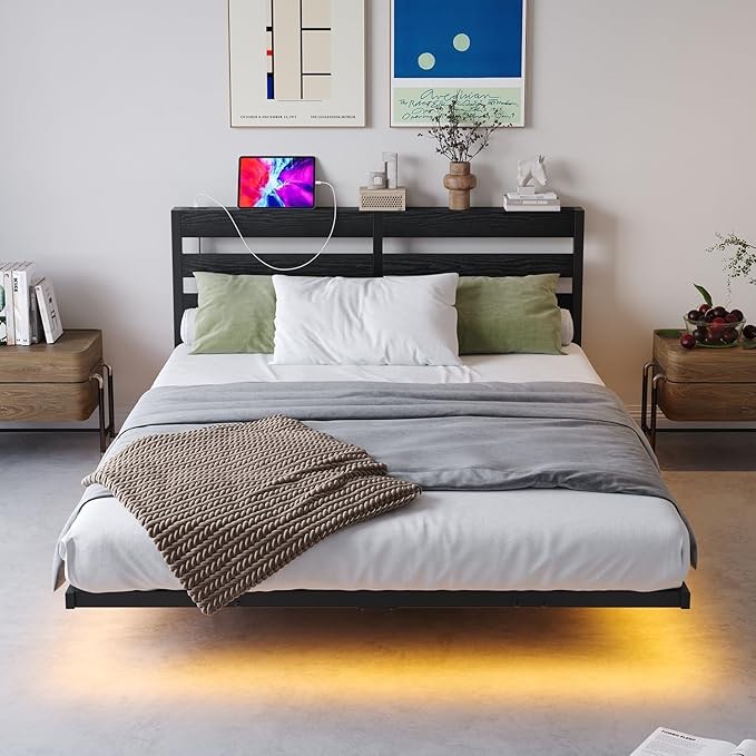 qimamo 10 Inch Floating King Bed Frame with Smart LED Lights and Charging Station Modern Metal King