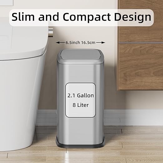 KHMMGK 8L/2.1 Gal Small Bathroom Trash Can with Lid Swing-Top Rectangular Waste Bin Stainless Steel
