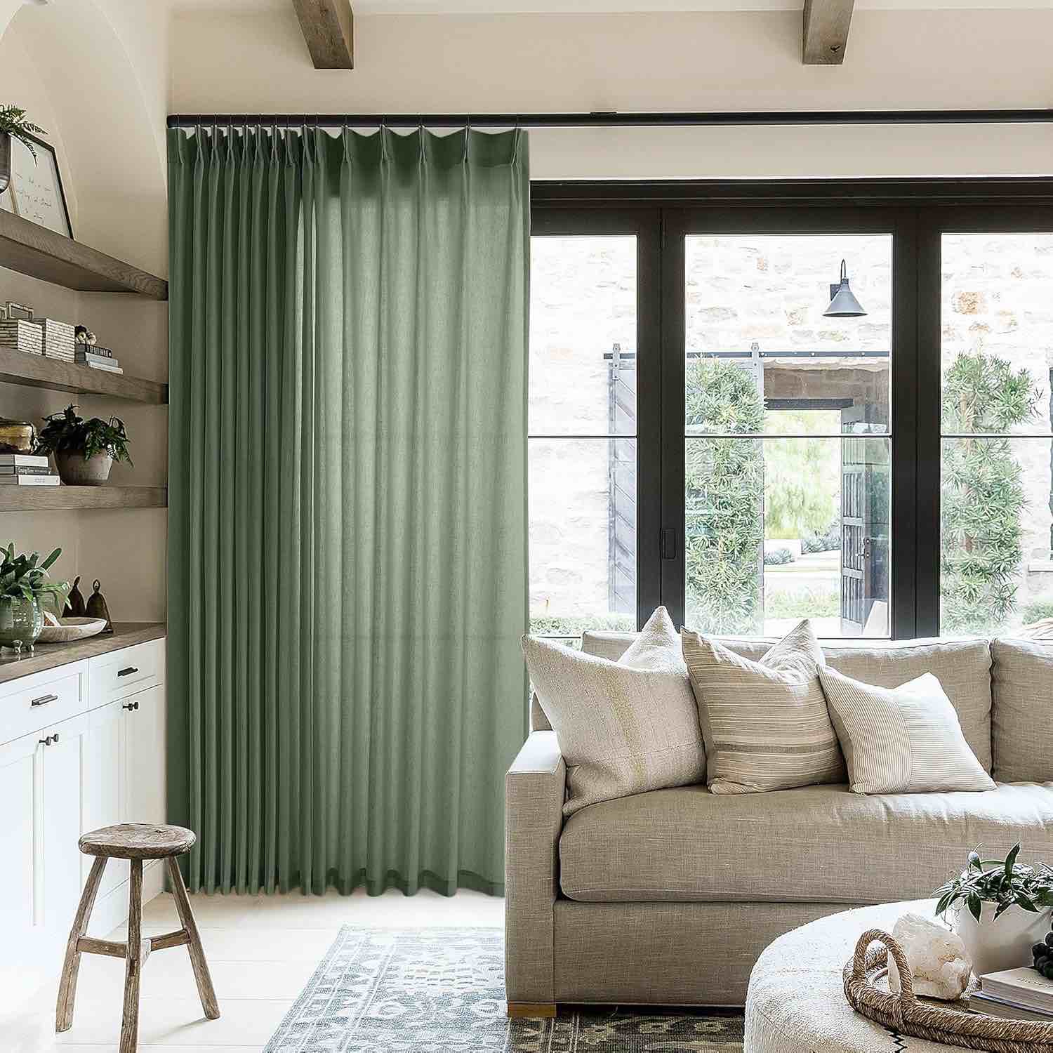 Olive Green Linen Curtains 102 Inches Long for Living Dining Room Memory Trained Pinch Pleated Curta