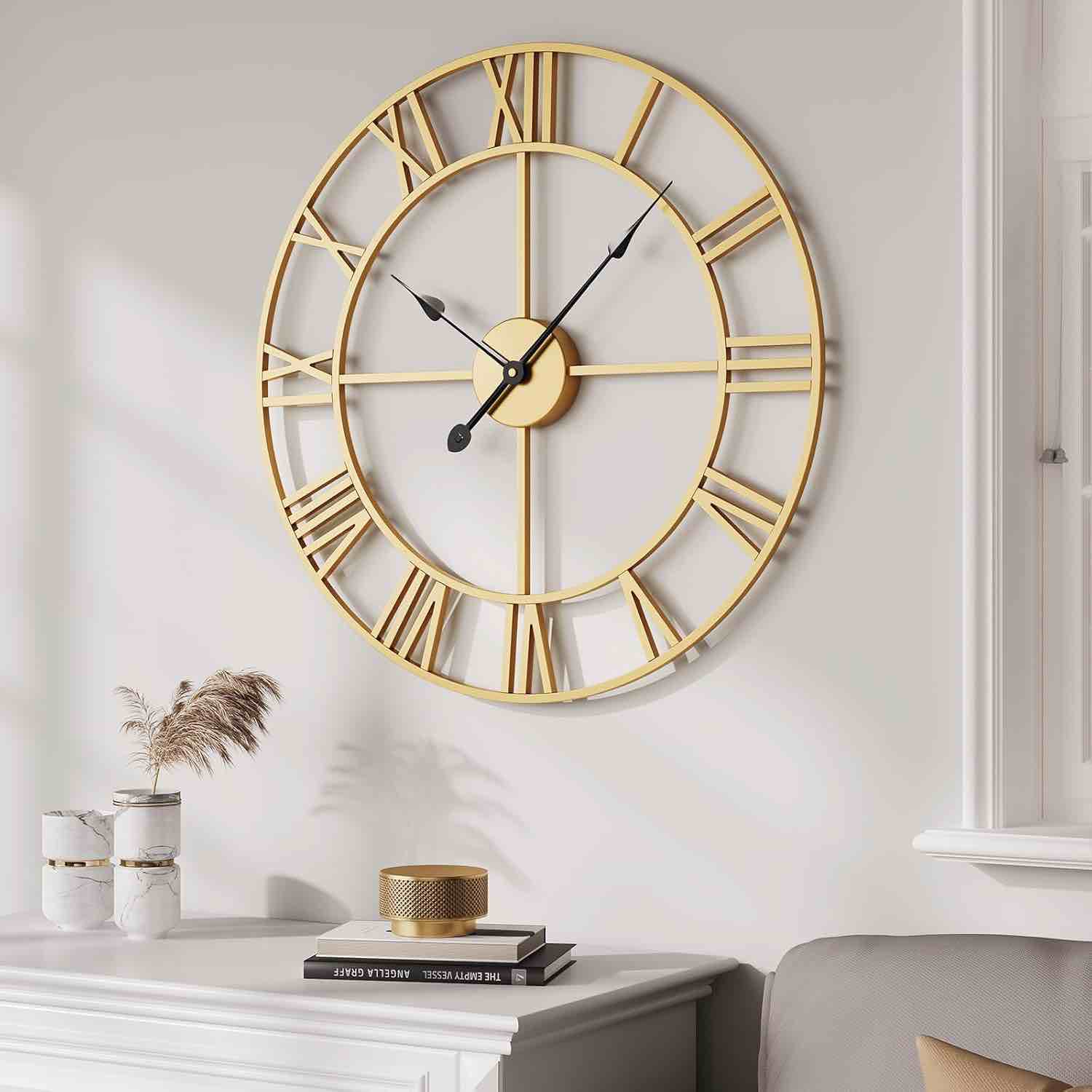Wall Clock Large Gold Clocks 20 Inch Silent Non-Ticking Battery-Operated Modern Metal Round Wall Clo