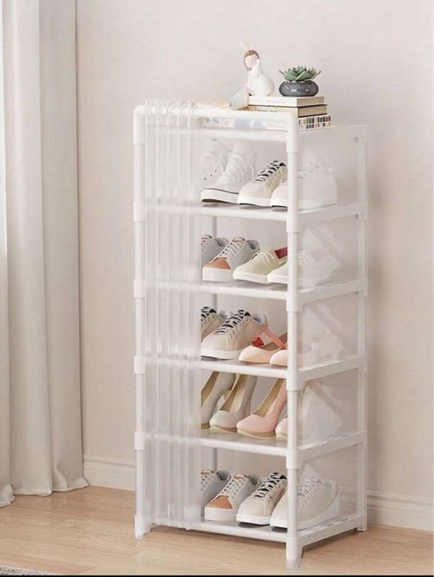 Five tier storage shelf with curtain white