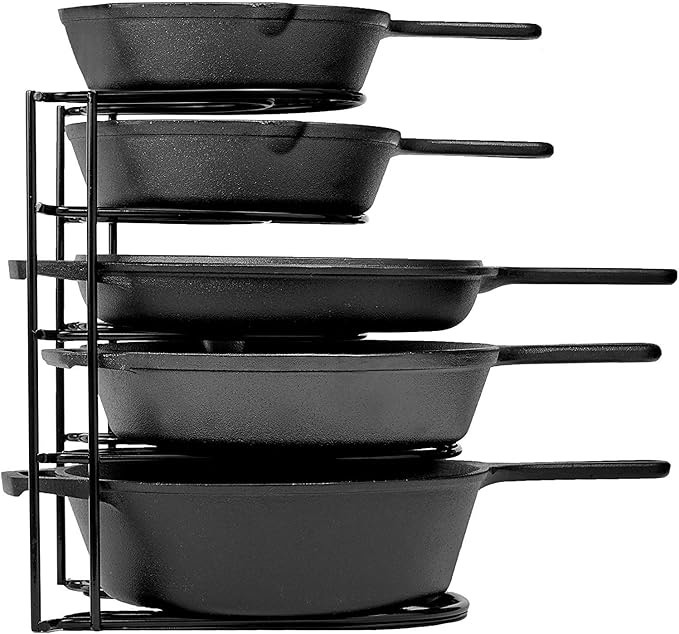 Heavy Duty Pan Organizer, 5 Tier Rack - Holds up to 50 LB - Holds Cast Iron Skillets, Griddles and Shallow Pots - Durable Steel Construction - Space Saving Kitchen Storage - No Assembly Required