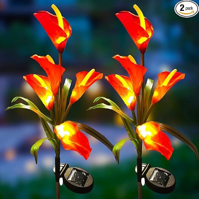 Veesee Solar Garden Stake Lights, 2 Pack Solar Powered Calla Lily Lights Multi-Color Changing LED Lily, Christmas Gift, Solar Powered Lights for Patio, Lawn, Garden, Yard, Grave Decoration-Red