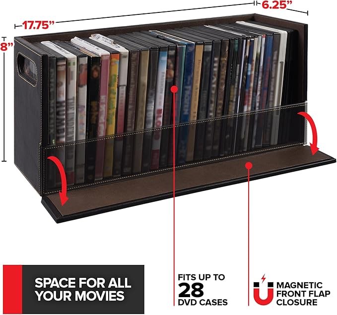 DVD & CD Storage Box, CD & DVD Storage Box, Movie Shelf Organizer for Blu-Ray, Video Game Cases, CDs, VHS Tape Display Stand, Disc Holder Can Store Up to 28 DVDs & 40 CDs, Faux Leather