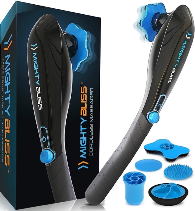 Mighty Bliss Deep Tissue And Back Massager Cordless Handheld Electric Percussion Muscle Massager Machine - Long Handle Full Body Therapy Massager For Neck, Shoulder, Back, Leg, Feet - 6 Heads Included