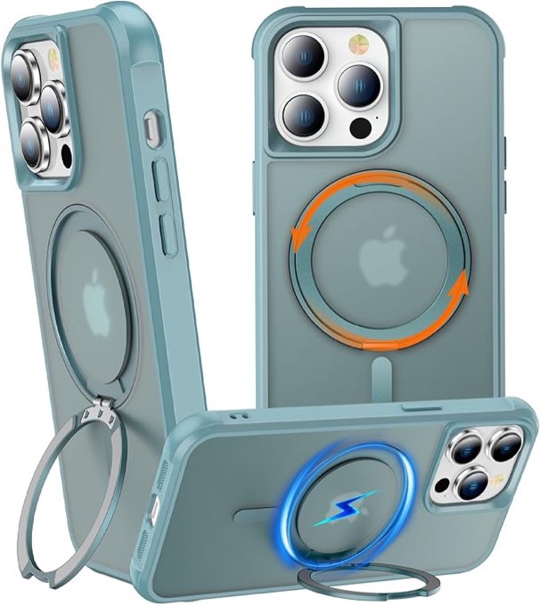 360° Rotatable Stand Compatible with iPhone 14 Pro Max Case with Magnetic [Military Grade Drop Tested][Adjustable Kickstand] Ring Translucent Slim Hard Back Soft Edge, Teal Green