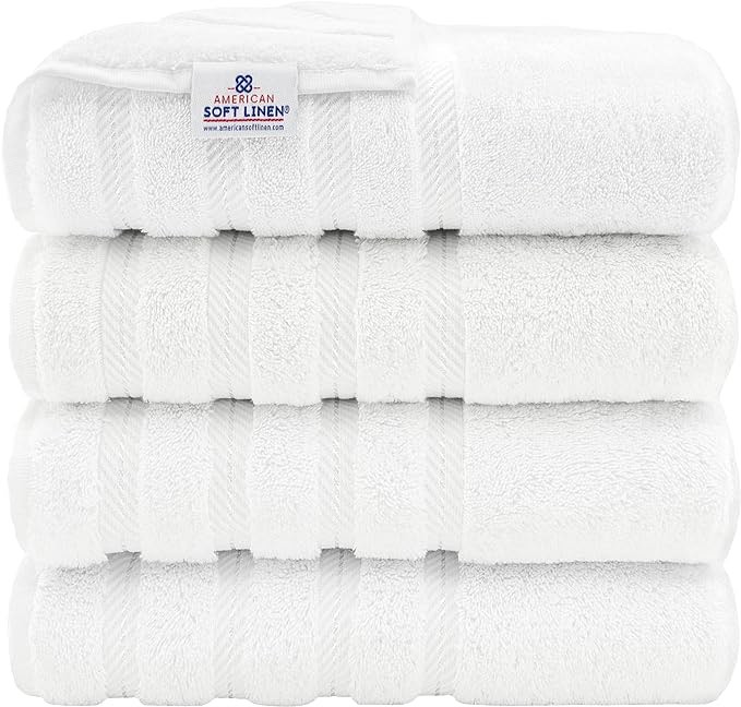 American Soft Linen Luxury 4 Piece Bath Towel Set, 100% Cotton Turkish Bath Towels for Bathroom, 27x54 in Extra Large Bathroom Shower Towels, White Bath Towels