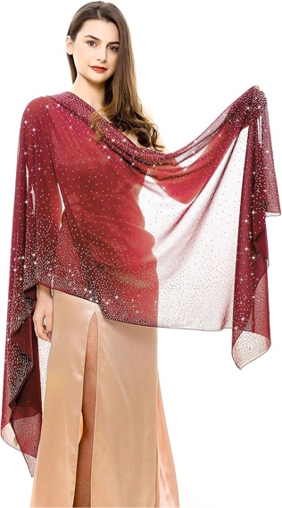 REEMONDE Womens Rhinestones Pashmina Shawls and Wraps for Evening Dresses Chiffon Shawl Sparkly Scarf (Red)