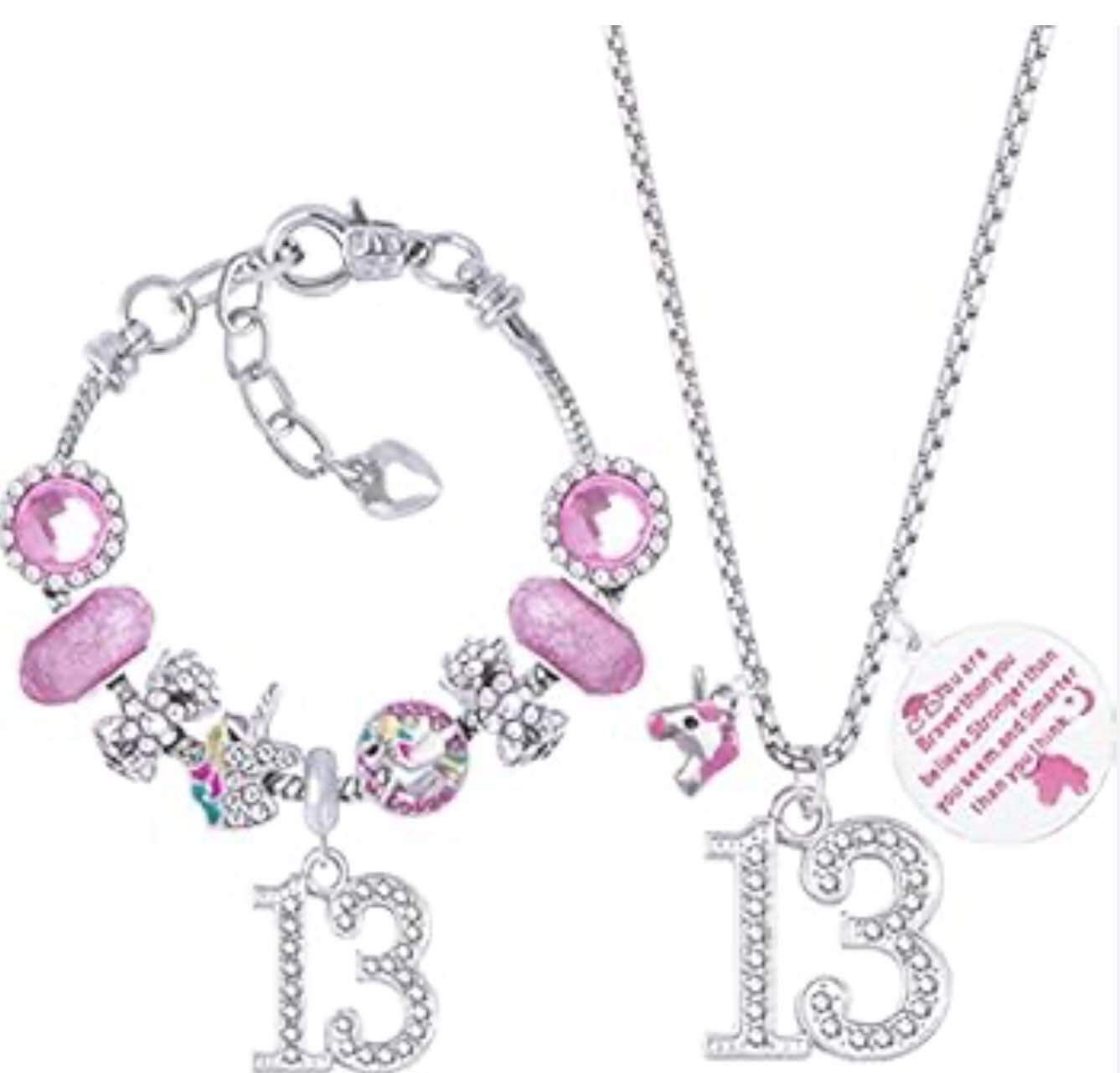  Lumia Cherry Blossom Pink 13th Birthday Jewelry Set for Teen Girls: Bracelet, Charm Bracelet, Necklace - Perfect 13th Birthday Gifts