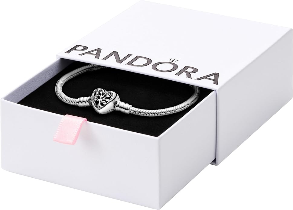 W 5.7 L 6.1 PANDORA Pandora Moments Family Tree Heart Clasp Snake Chain Bracelet, Clear CZ 925 Sterling Silver Charm Bracelet