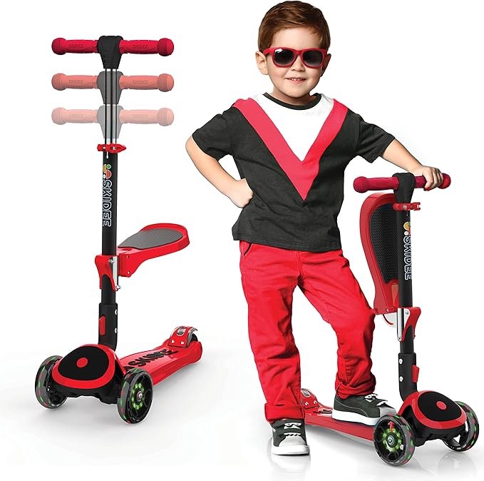 Kick Scooters for Kids Ages 3-5 (Suitable for 2-12 Year Old) Adjustable Height Foldable Scooter Removable Seat, 3 LED Light Wheels, Rear Brake, Wide Standing Board, Outdoor Activities for Boys/Girls