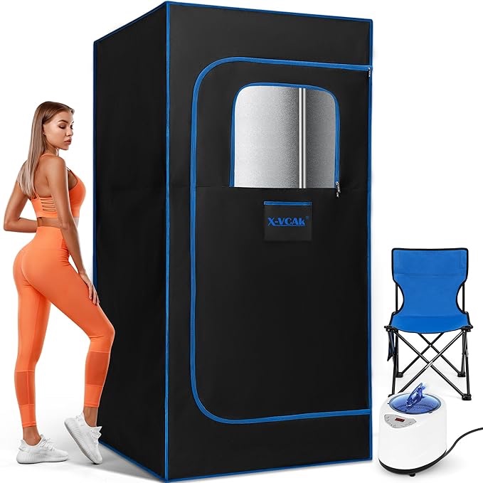 Portable Steam Sauna, Portable Sauna for Home, Sauna Tent Sauna Box with 2.6L Steamer, Remote Control, Folding Chair, 9 Levels, Black with Blue, 2.6 x 2.6 x 5.9
