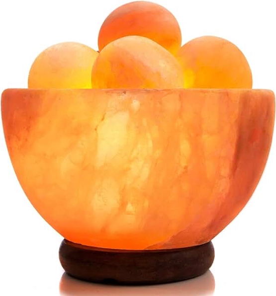 UMAID Natural Himalayan Rock Sea Salt Lamp Bowl with 6 Heated Salt Massage Balls, Stylish Wood Base, Bulb with Dimmable Switch UL-Listed Cord