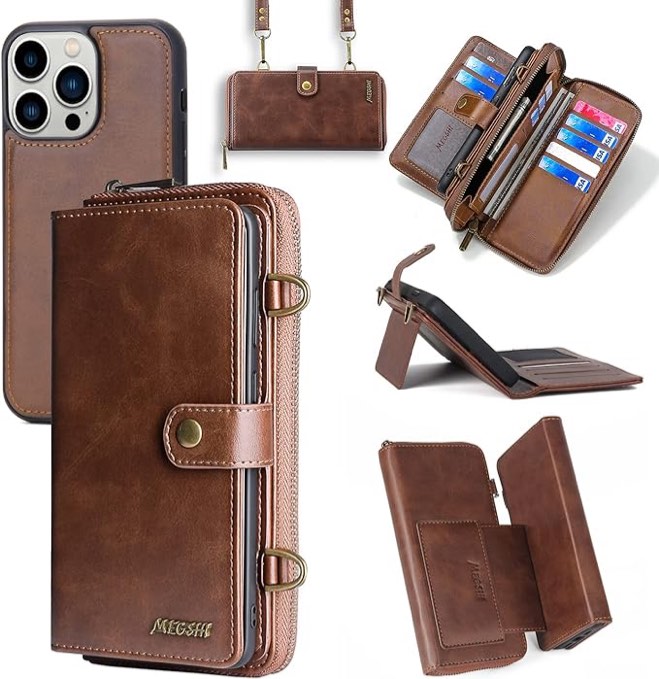 Compatible with iPhone 12 Pro Max 6.7 Wallet Case Crossbody Shoulder Strap Card Holder Multi-Function 2in 1 Detachable Magnetic Phone Cover for iPhone12promax 5G i 12s Plus iPhone12 12pro Promax Brown