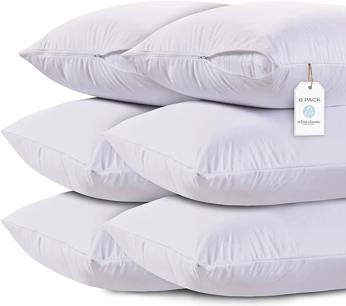 White Classic Zippered Style Pillow case Cover - Luxury Collection 200 Thread Count, Soft Quiet Zippered Pillow Protectors, Standard Size, 6 Pack