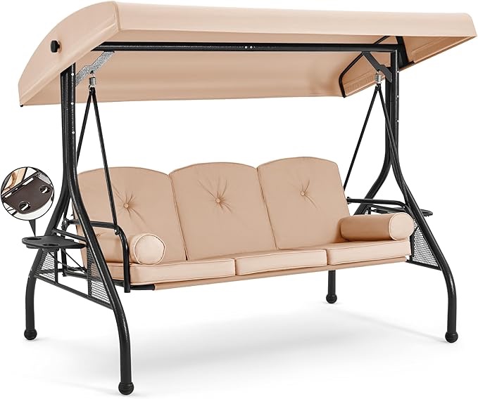 3 Seat Outdoor Porch Swing with Adjustable Canopy, Convertible Patio Swing Bed with Stand, Patio Glider Swing with Upgraded Cup Holder, Thicken Cushions & Pillow for Backyard(Khaki)