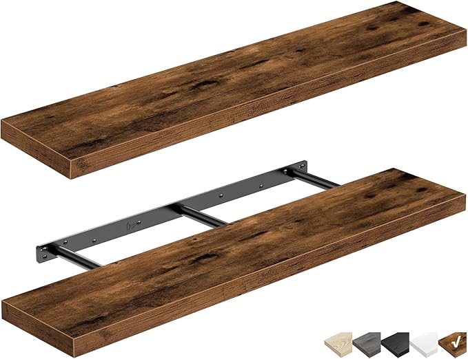 qeeig floating shelves wall shelf 24 inches long farmhouse bathroom decor bedroom kitchen living room wall mounted 24 x 9 inch set of 2, rustic brown (008-60bn)