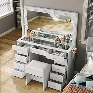 Vanity Desk with Power Outlet, Makeup Vanity with Mirror and 12 LED Lights, 3 Lighting Modes, 11 Drawers Vanity Table with Chair, Glass Top, Dressing Table for Bedroom,Dressing Room