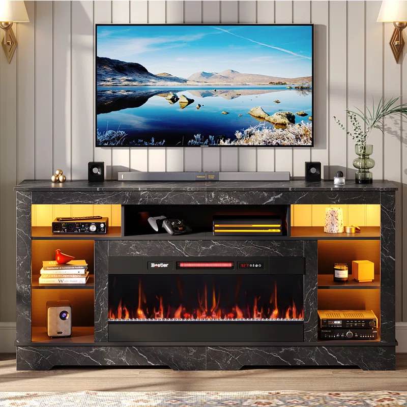 Benigno 70"W Tall Fireplace TV Stand for TVs up to 80" with 36"W Fireplace, LED Media Console with Open Shelf