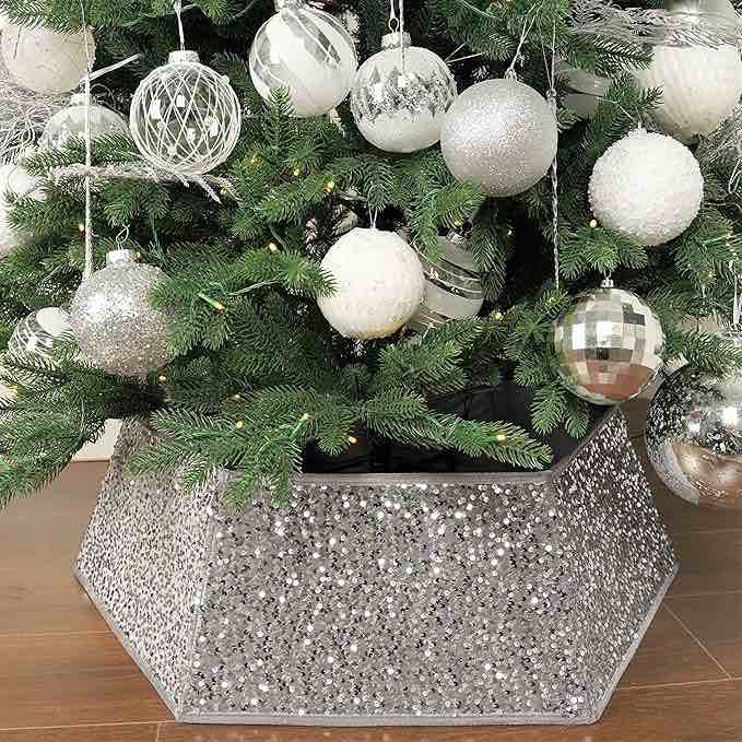 XmasExp Christmas Tree Collar 33.5 inch Sequin Tree Skirt for Christmas Holiday Home Decor Xmas Tree Ring Stand Base Cover Large Size 6 Piece Silvergrey