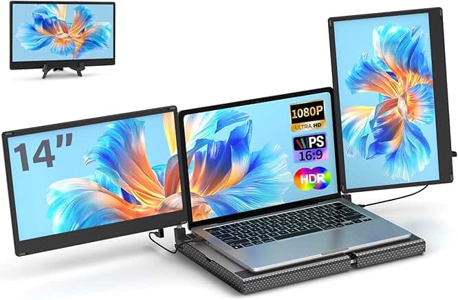 FICIHP Triple Screen Laptop Monitor, 12’’ Portable Monitor for Laptop 1080P FHD IPS with Type-C/HDMI/USB-A, Plug-Play Laptop Screen Extender for 13-16" Laptop Frame, Compatible with Mac/Android/Switch