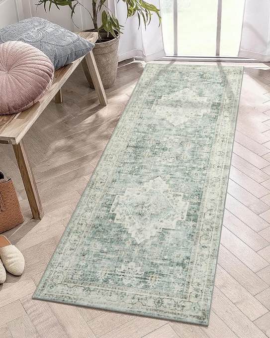 Washable Kitchen Runner Rugs - 2'x6' Boho Non Slip Hallway Runners, Print Distressed Soft Low Pile Indoor Carpet for Entryway & Bedside & Laundry & Living Room 2'x6' Green Yeloow