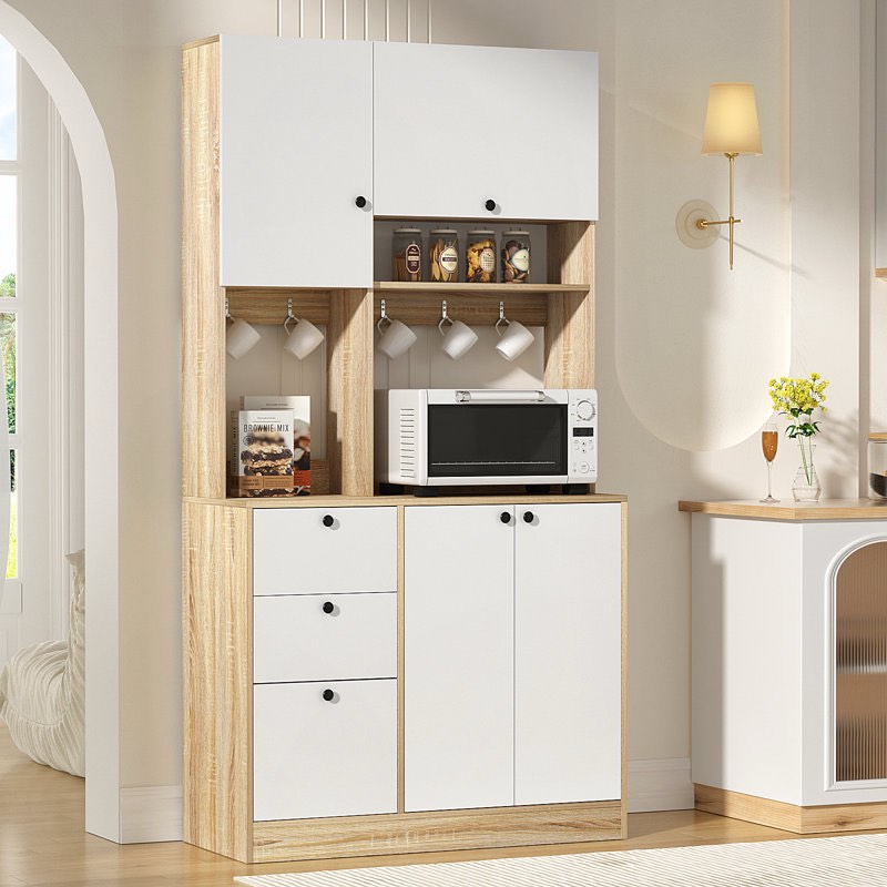 71" Kitchen Pantry with 4 Door and 3 Large Drawers With Microwave Shelf